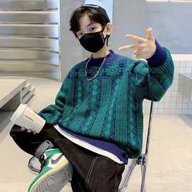 撞色针织毛衣男孩2024新款男童春秋冬季中大儿童秋装套头打底衫潮