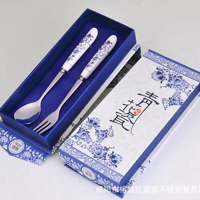 블루와 화이트 도자기 e 작은 스푼 포크 2 피스 세트