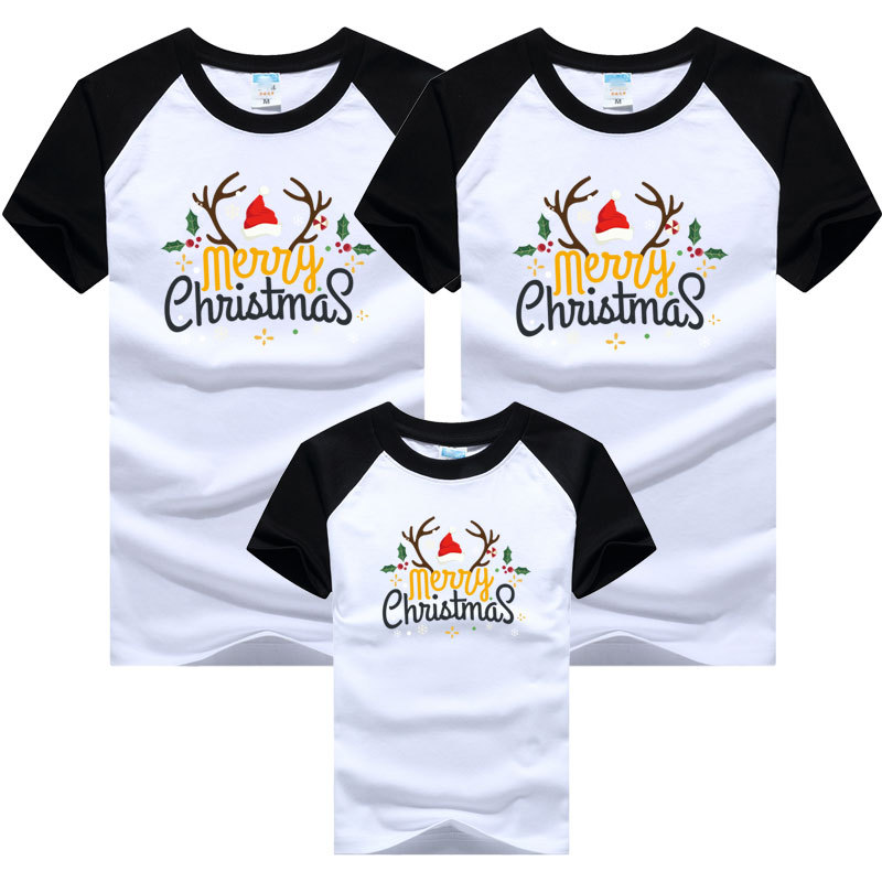 2022 Año Nuevo Navidad padre-hijo de manga corta Camiseta una familia de tres transfronteriza de Navidad A14 color a juego manga raglán