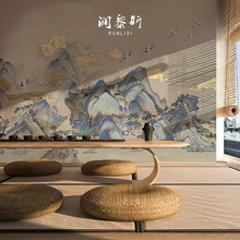 定制润黎斯新中式轻奢山水墙布新款仙鹤壁纸沙发电视背景墙布茶室