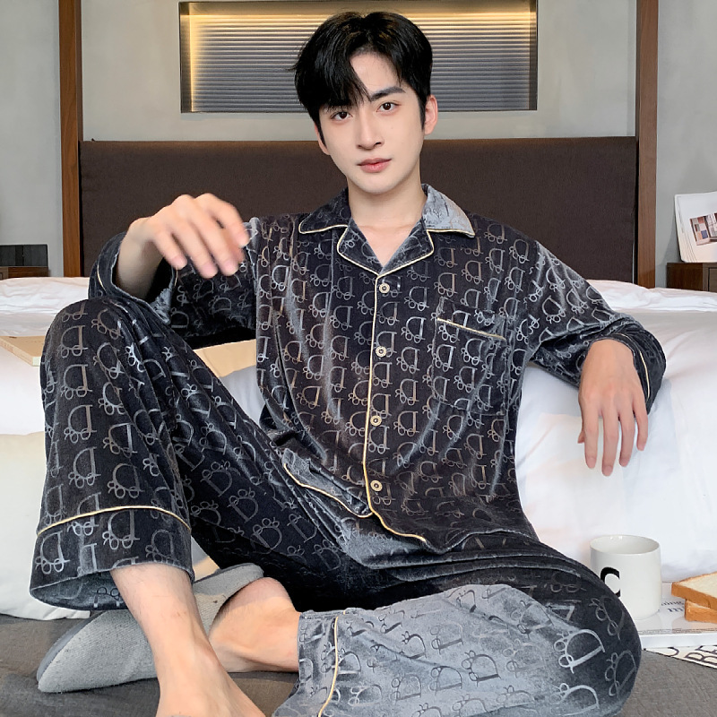 2025 pijama hombre otoño invierno terciopelo dorado calentamiento cardigan juvenil simple casual manga larga ropa de casa set de cabello