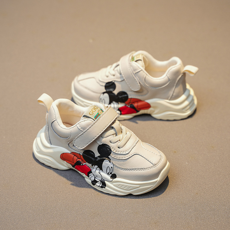 2026 Spring New Model Girls' and Boys' Sneakers, Genuine Leather Dad Shoes with Velcro, Lightweight White Shoes