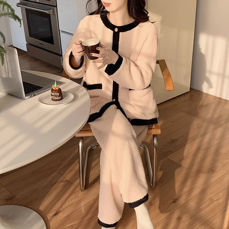 Invierno cálido coral polar pijamas de las mujeres de estilo coreano simple casual engrosada fleece-forrado franela traje de homewear de niña