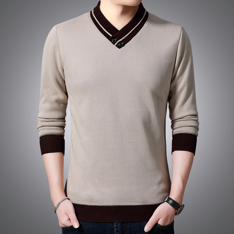 Men's fleece-lined Knitted Spring and Autumn Non-ironing Long-sleeved Top Base Shirt Chicken Heart Collar Sweater T-shirt Skin-friendly Fashion All-match