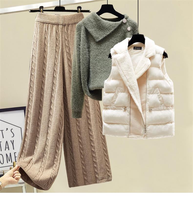 Women's Clothing Autumn and winter three piece suit for women, designer sweater, thickened slim vest coat, high waist, wide leg casual pants_voghion.com