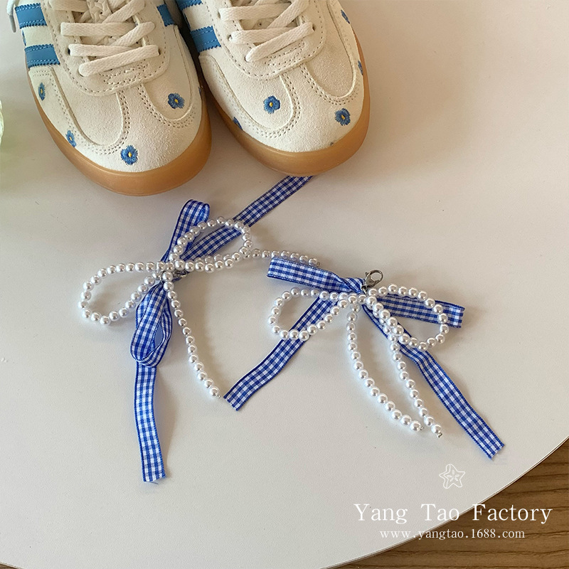 Ins azul arco perla botón de zapatos DIY moda versátil zapato colgante zapatos flores botón de cordón accesorios zapatos