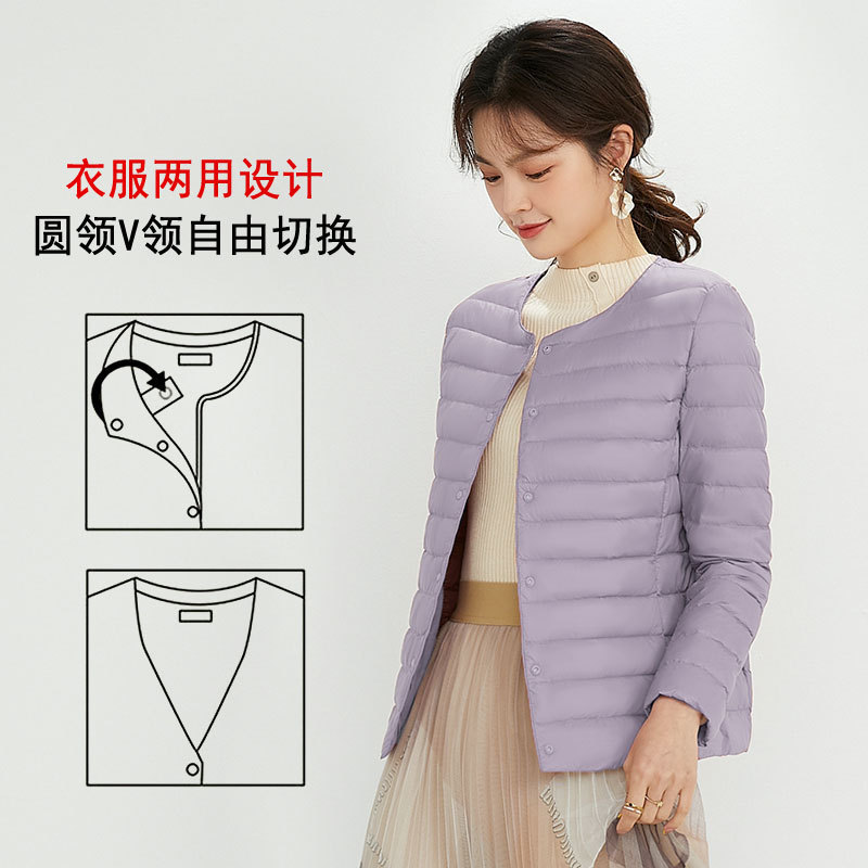 Nuevo chaqueta de plumón ligera para mujeres de invierno y otoño, chaqueta de cuello redondo de cuello en V, doble chaqueta corta grande y delgada