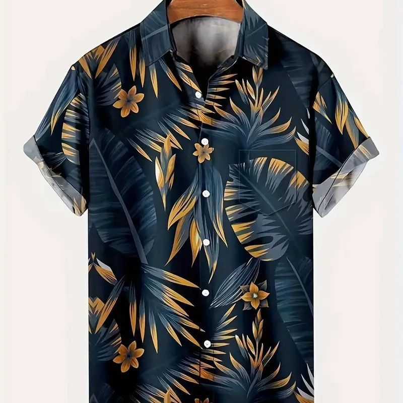 2024 Camisas europeas y americanas transfronterizas nuevas Camisas de solapa de manga corta con estampado digital de tendencia hawaiana