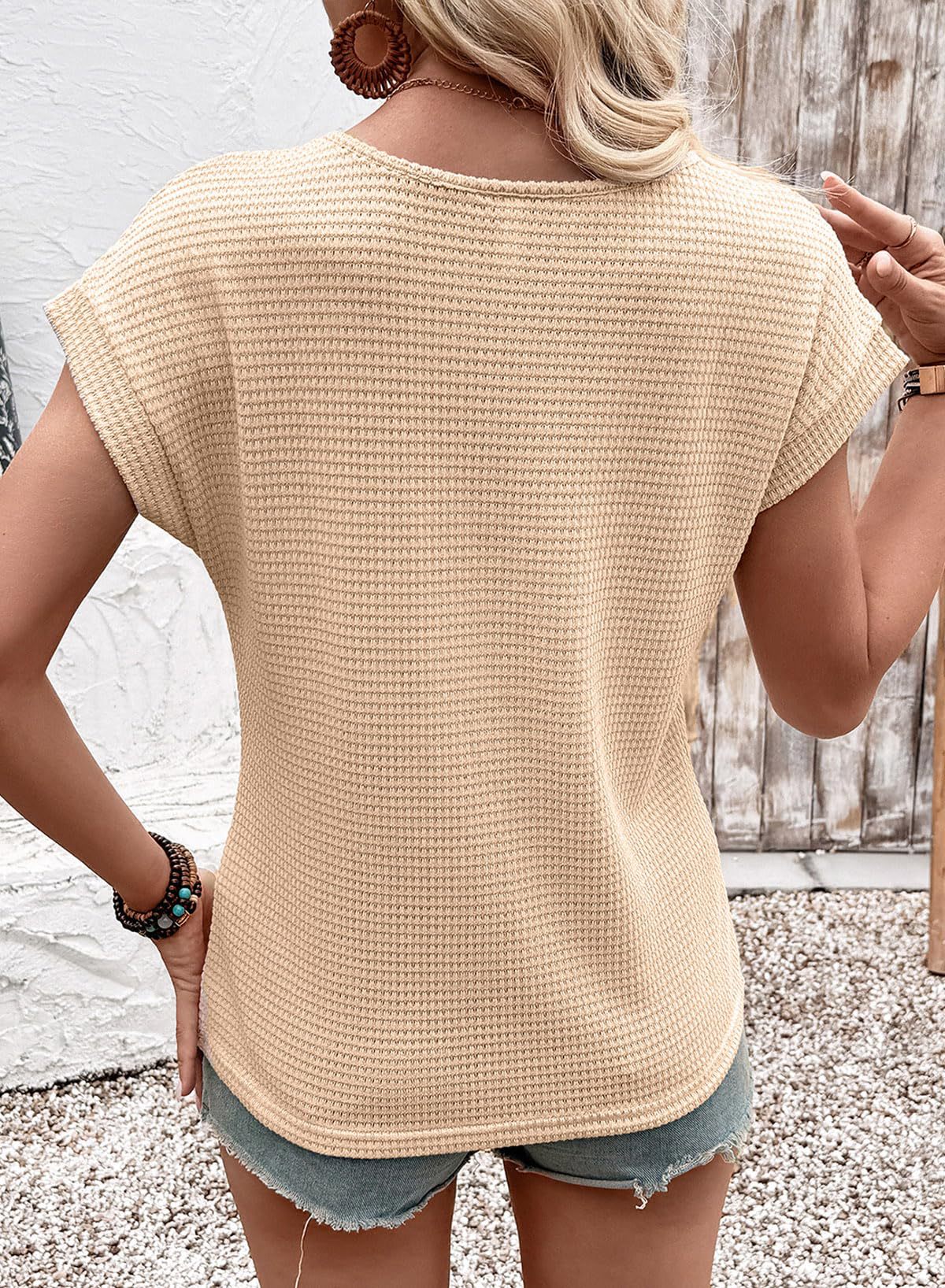 Summer Women's Round Neck T-Shirt Lace Hollow Out Short Sleeve Waffle Knit American Style New_ecoleips.com