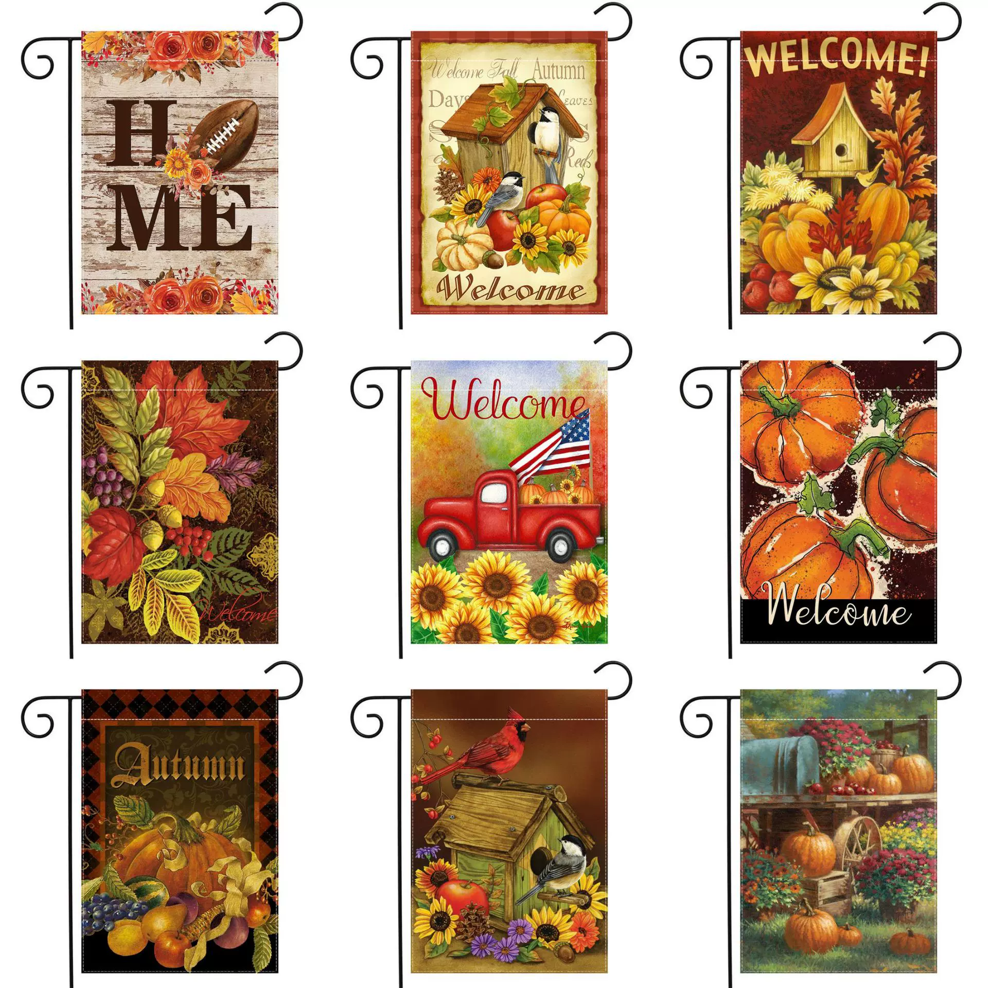跨境热款感恩节花园旗帜 秋季丰收农场装饰亚麻双面花园旗