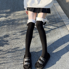 Xiaohongshu Japanese-style Sweet Fleece-Lined Warm Vertical-Striped Slimming Lambswool Pom-Pom Over-Knee High Socks