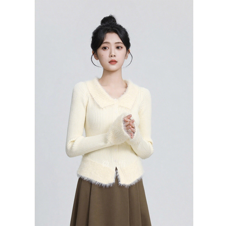 Real Shot of New Retro Solid Color Furry Splicing Long-Sleeved Sweater for Women in Autumn and Winter Hot Girls to Wear Slimming Knitted Cardigan
