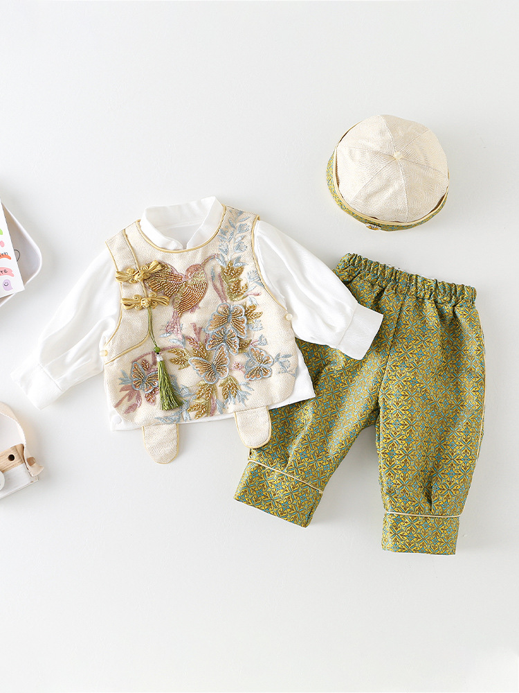 Primavera y otoño ropa de bebés estilo chino 100 días vestido de aniversario de bebés conjunto dividido para bebés pequeños Tang traje Hanfu captura semana