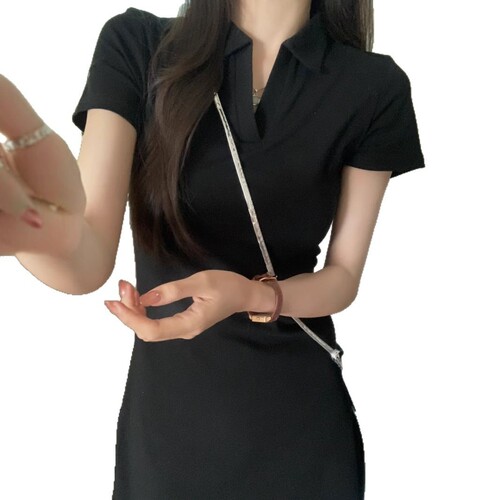 Summer Pure Desire Style Korean Polo Collar Dress for Women, Little Black Dress, Sweet and Spicy Girl, Fitted Short Sleeve Casual Women's Clothing Wholesale
