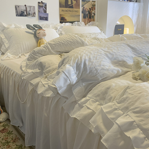 UG73ins Korean style pure white girly princess style bedding four-piece set bed skirt sheet style quilt cover bedroom three