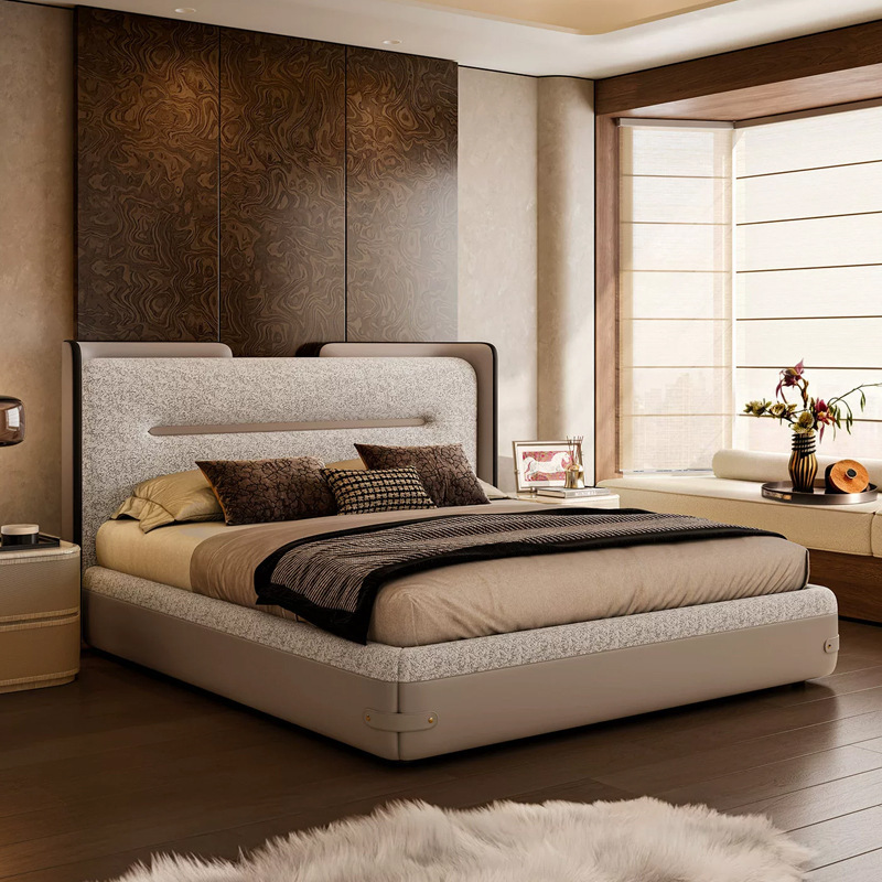 Italian-Style Light Luxury Top-Grain Leather Wide-Screen Bed for Luxury Villa Master Bedroom Double Bed Designer Furniture 1.8