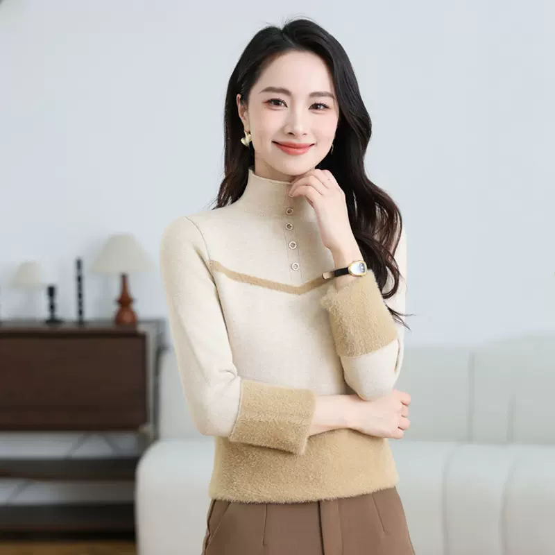 一体绒毛衣女新款加绒加厚半高领打底衫女秋冬针织内搭针织衫上衣