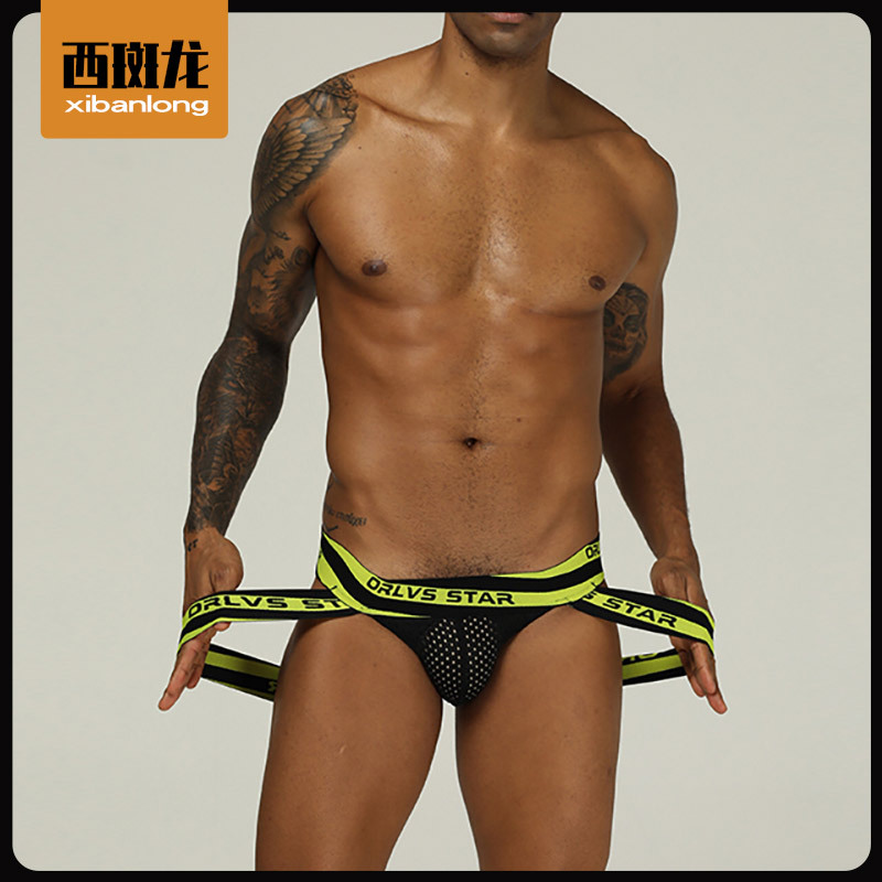 ORLVS Letter Temptation Men's Thongs Sexy Perspective Mesh Wide Waist Rubber Underwear Low Waist Bikini T-Pants