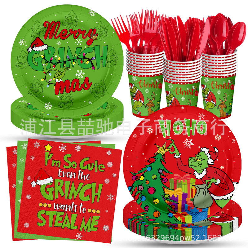 Grinch Theme Party Paper Plate Green Monster Christmas Disposable Paper Cup Paper Plate Paper Towel Holiday Decoration Supplies