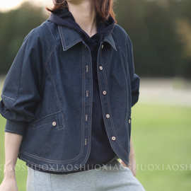 宽松大码日韩型剪裁翻领牛仔衣外套女休闲港风春秋外套女装