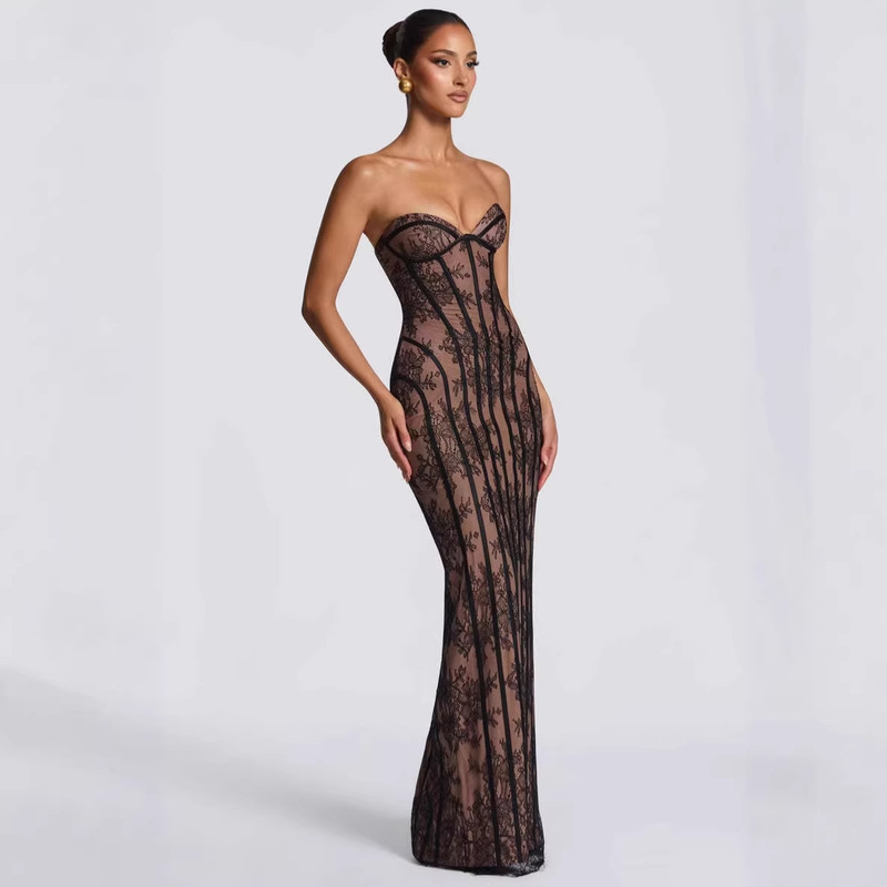 Pre-Sale | Black Lace Strapless Corset Dress 2026 New Slim-Fit Bodycon Long Evening Gown in Stock.