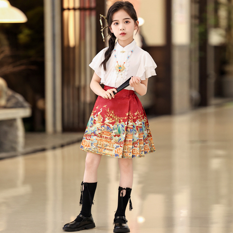 Girls' Summer Short-sleeved suit Chinese Style Summer Children's Wear Skirt Children's Hanfu Short dress