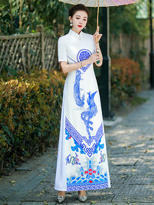 White with blue Chinese Dresses Oriental Qipao Model Show Cheongsam runway stage costumes atmospheric big yards daily Chinese style dress 
