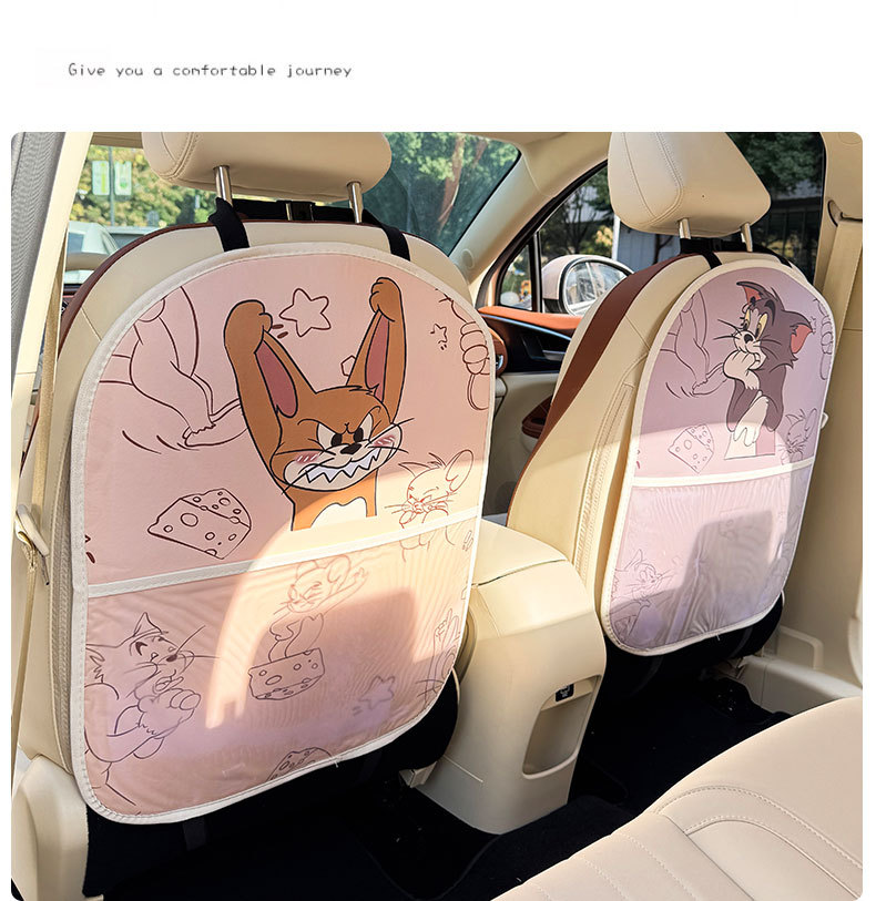 Cat and Mouse Cartoon Car Seat Back Anti-Kick Pad Car Seat Back Anti-Dirt Pad with Storage Bag