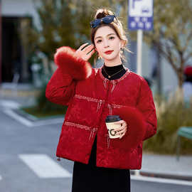 国风红色羽绒服女2026冬季新款新中式轻奢狐狸毛钉珠提花保暖外套