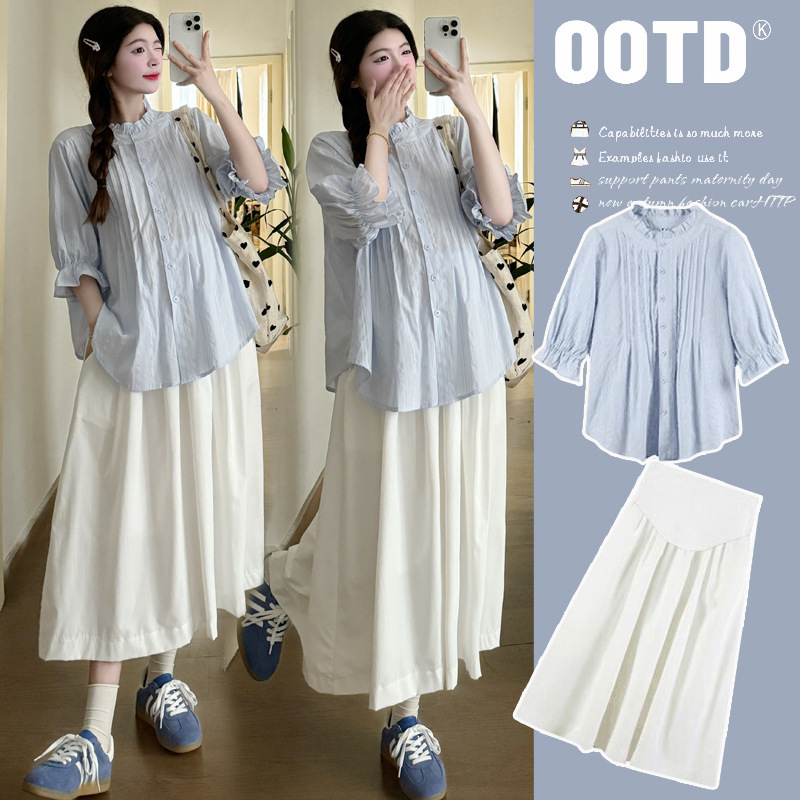 2026 Spring/Summer Gentle Style Trendy Cute Outfit for Pregnant Women: Puff Sleeve Loose Elegant Shirt + Skirt Set