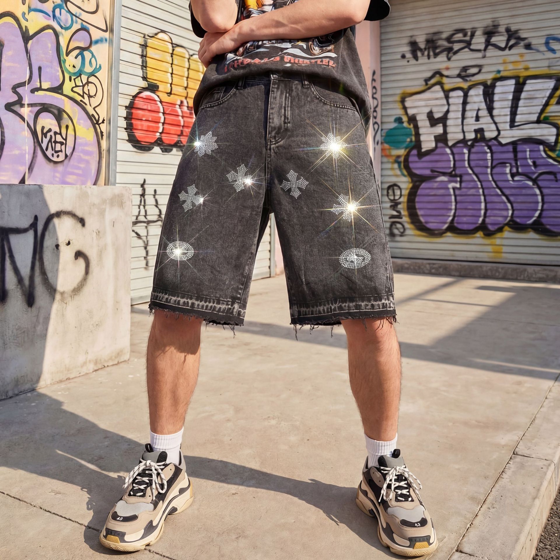 Abbigliamento uomo Pantaloncini in denim da uomo con strass a croce Pantaloncini in denim a gamba dritta alla moda jacquard lavato lunghezza media_voghion.com