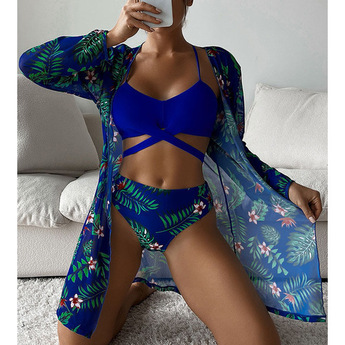 2024 New European and American Style Three-Piece Chiffon Floral Kimono Open-Front Long-Sleeve Swimsuit Cover-Up Bikini for Women