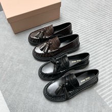 刘浩存同款miu家厚底流苏乐福鞋女英伦风小皮鞋平底一脚蹬单鞋