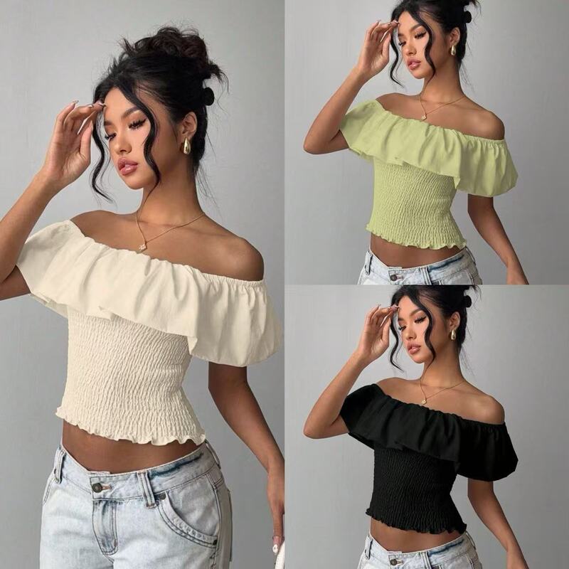 In-Stock Cross-Border Women's Fashion European and American Style Off-Shoulder Slim-Fit Waist-Cinching Spicy Girl Top for Women Foreign Trade Amazon 250354 In-Stock Cross-Border Women's Fashion European and American Style Off-Shoulder Slim-Fit Waist-Cinching Spicy Girl Top for Women Foreign Trade Amazon 250354