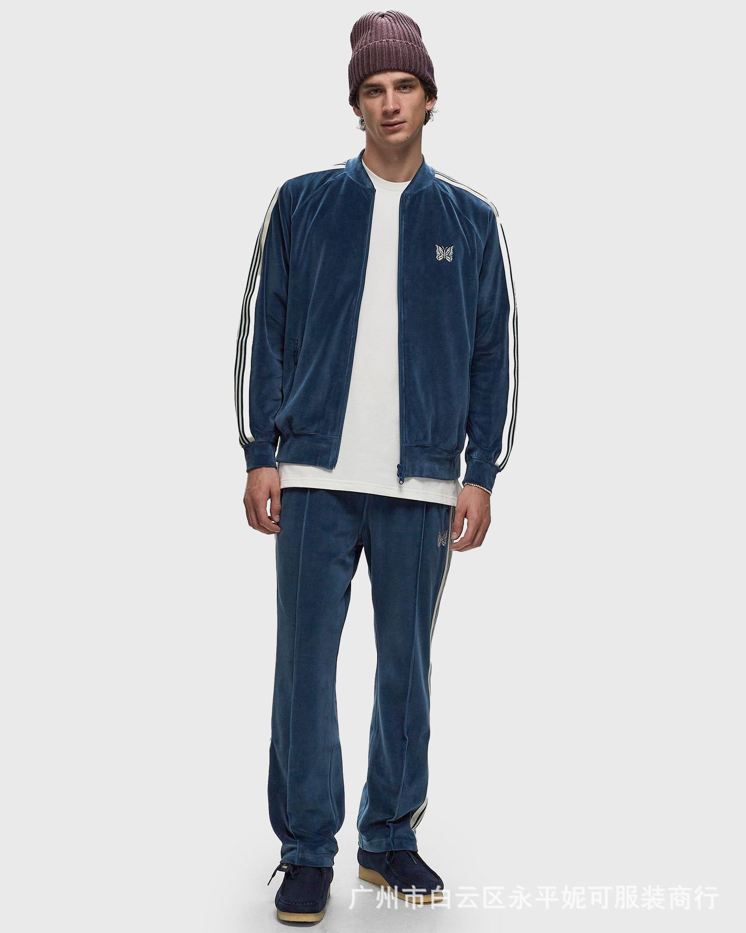 Needles tracksuits蝶ベルベットカーディガンレトロリボンジッパージャケットロングパンツスポーツスーツ