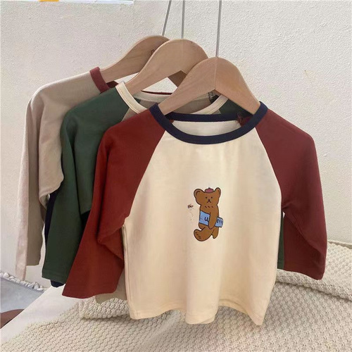 Cotton Children's Long Sleeve T-shirt 2024 Autumn New Unisex Cartoon Color-blocked Base Shirt Baby Korean Style Cotton Top T-shirt