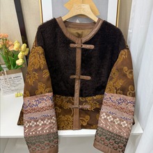 2025冬季新款新中式羽绒服圆领拼皮扣皮毛一体复古印花国风鹅绒服