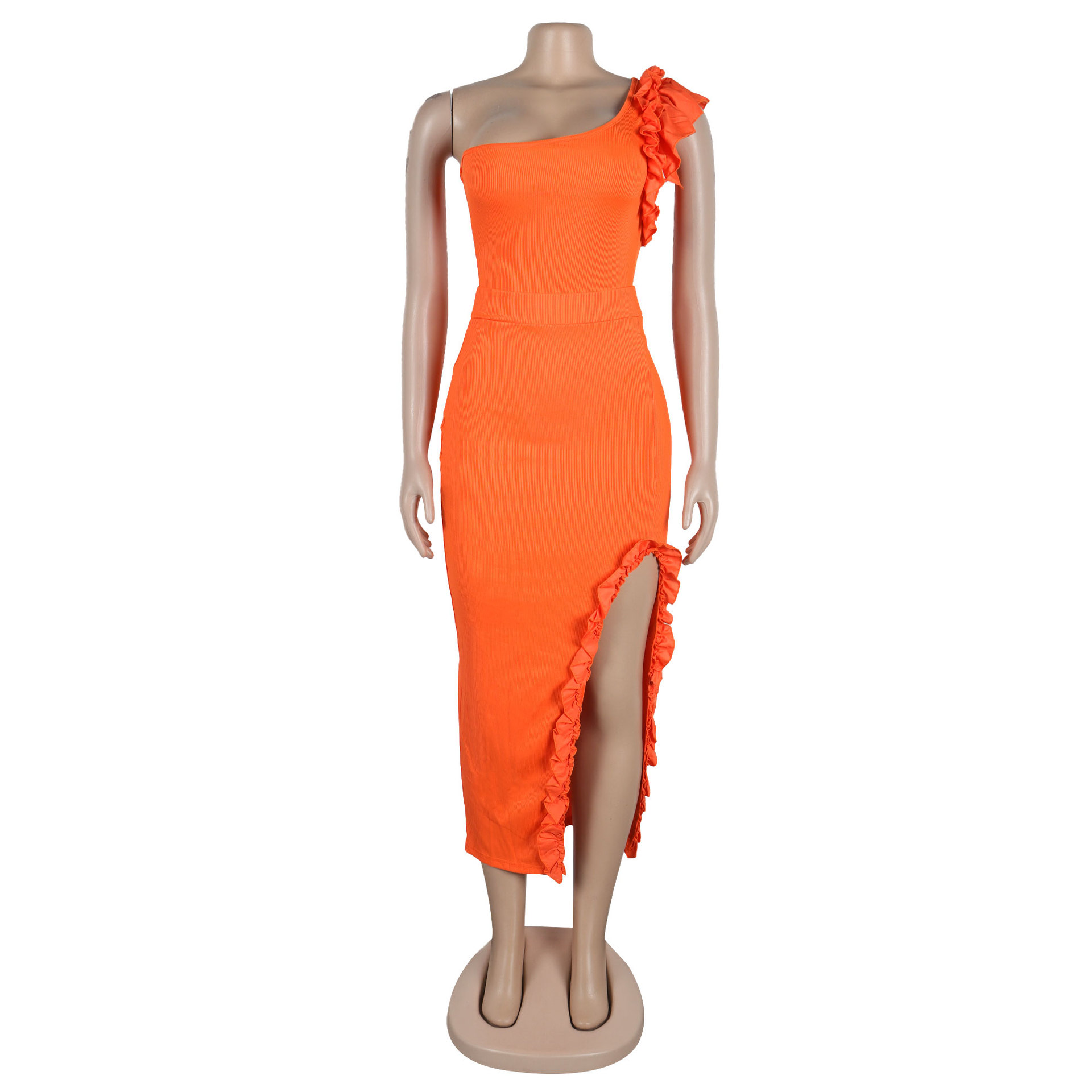 362g Weight Sleeveless Sleeve Length Polyester Fabric Type Skirt Co-ord Set Sets Type 2 Pieces Set Quantity Holiday Occasion One Shoulder Neckline Slim Fit Type Solid Color Pattern Summer Season Women's Gender Frill Design Elegant Style Holiday Women's Elegant Solid Color Polyester Frill Skirt Co-ord Set Skirt Sets 59