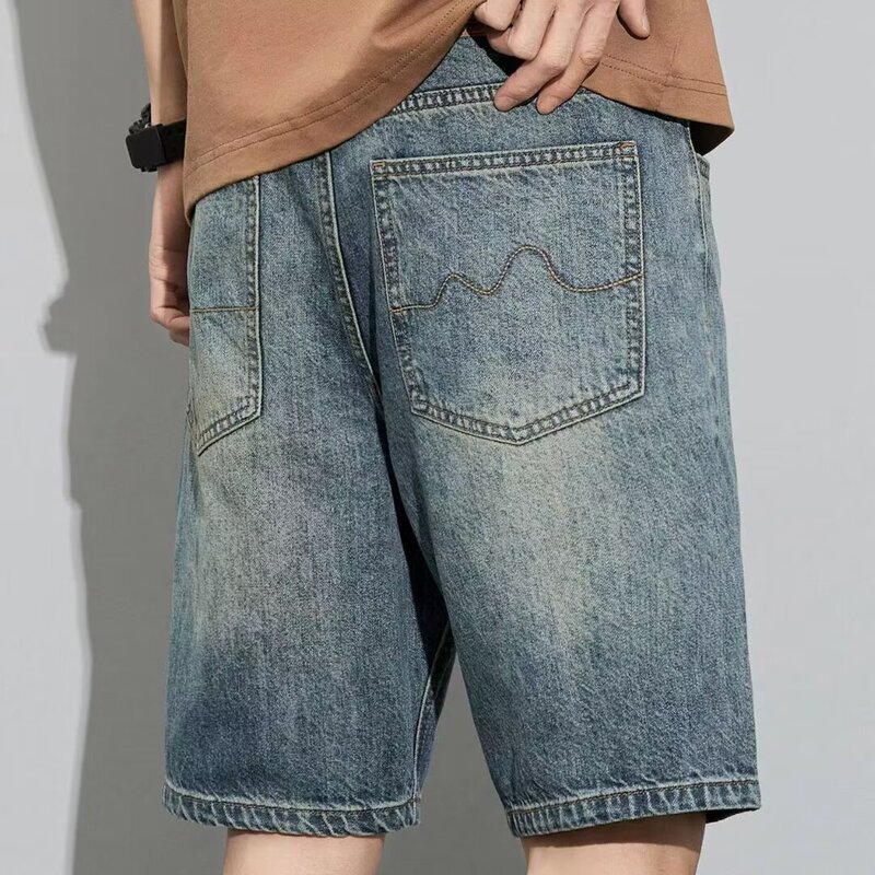 Summer Denim Shorts Men's Thin Mid-Pants Casual Cargo Shorts Loose Straight Men's Washed Five-Point Jeans