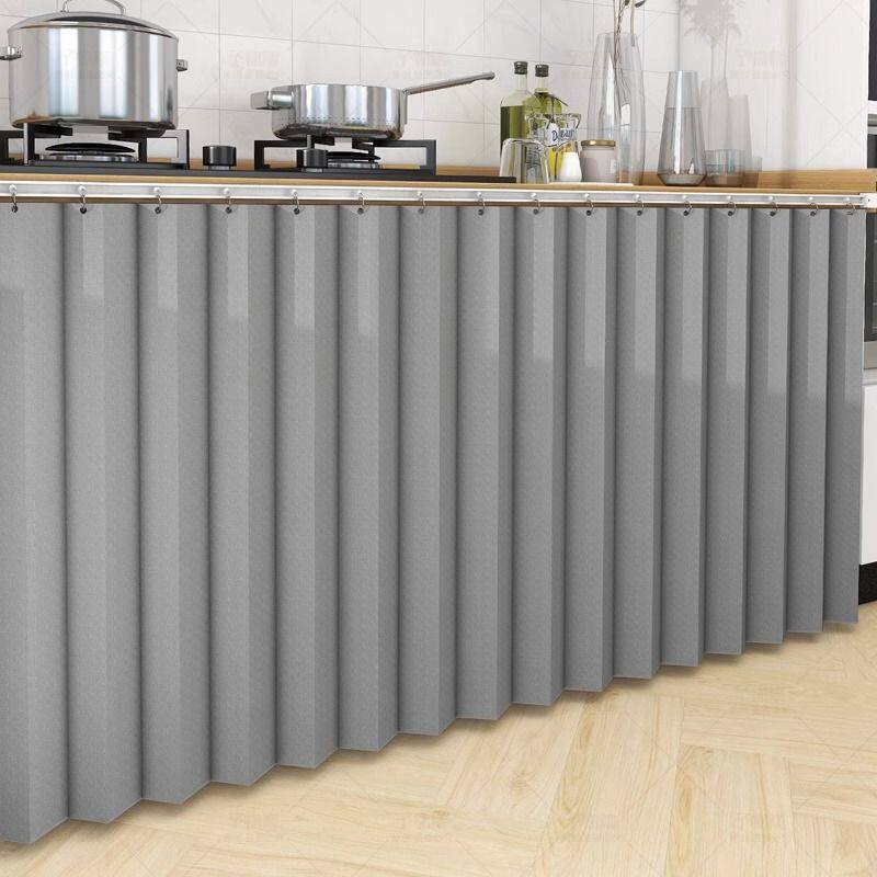 Solid Color Folding Cabinet Cover Curtain, Waterproof, Oil-Proof, Dust-Proof, and Debris-Covering for Kitchen Cabinets, Track-Mounted, No-Drill Curtain