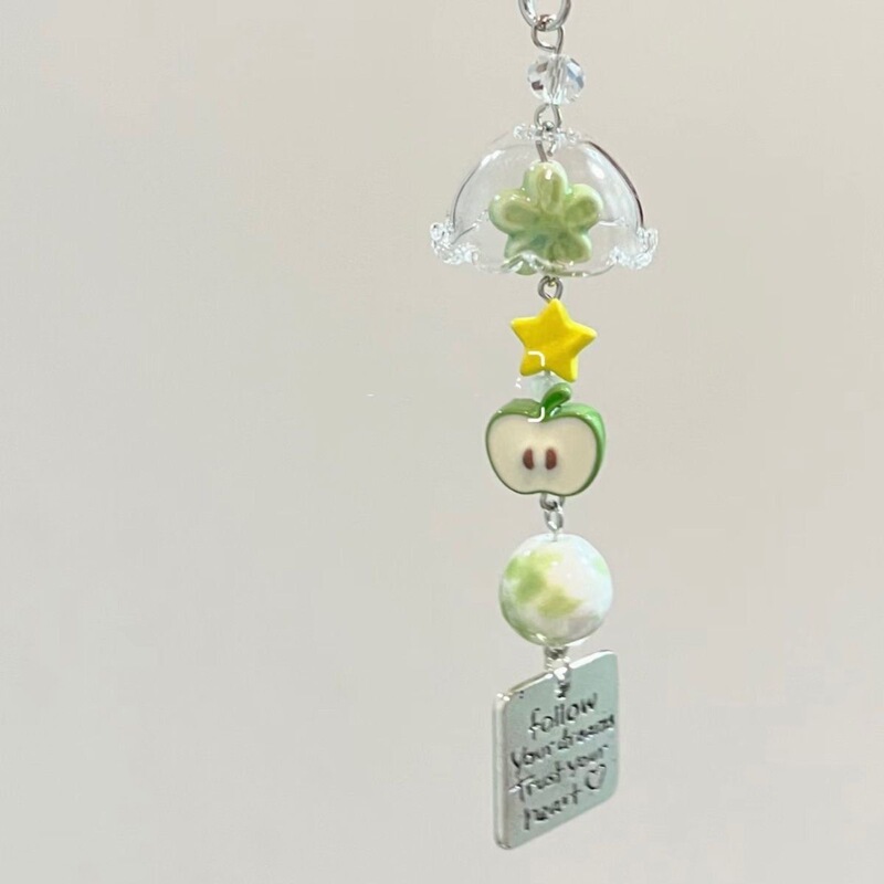【Wind Chime Green Apple】Handmade Lucky Apple Star Beaded Guban Chain for Girls' Heart, Mobile Phone Chain, Keychain