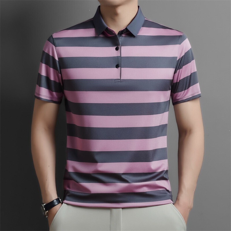 Men's New Silk Short-Sleeve T-Shirt, Summer Striped Polo Shirt for Middle-Aged Dads Men's New Silk Short-Sleeve T-Shirt, Summer Striped Polo Shirt for Middle-Aged Dads