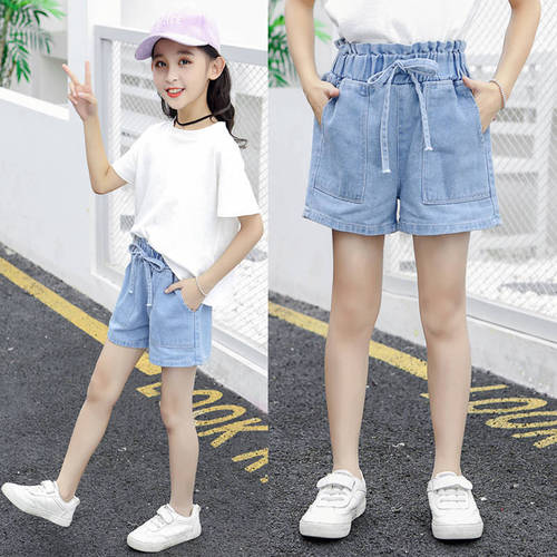 Girls denim shorts summer thin section medium and large children baby little girl embroidered hot pants outer wear children's pants wholesale