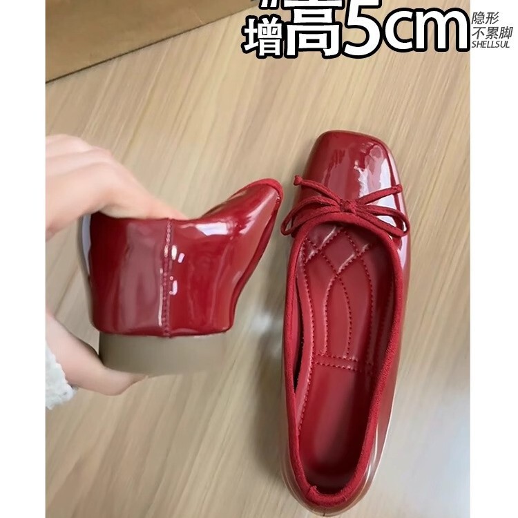 Red Patent Leather Bow-Knot Single Shoes for Petite Women, 2026 Spring and Autumn New Style, Hidden Heel Ballet Wedding Shoes