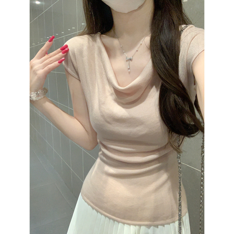 Real Photos, Real Price: Spring/Summer Korean Style Pure Desire Tencel Lightweight Elegant Slim-Fit Slimming Knit Short-Sleeve Top