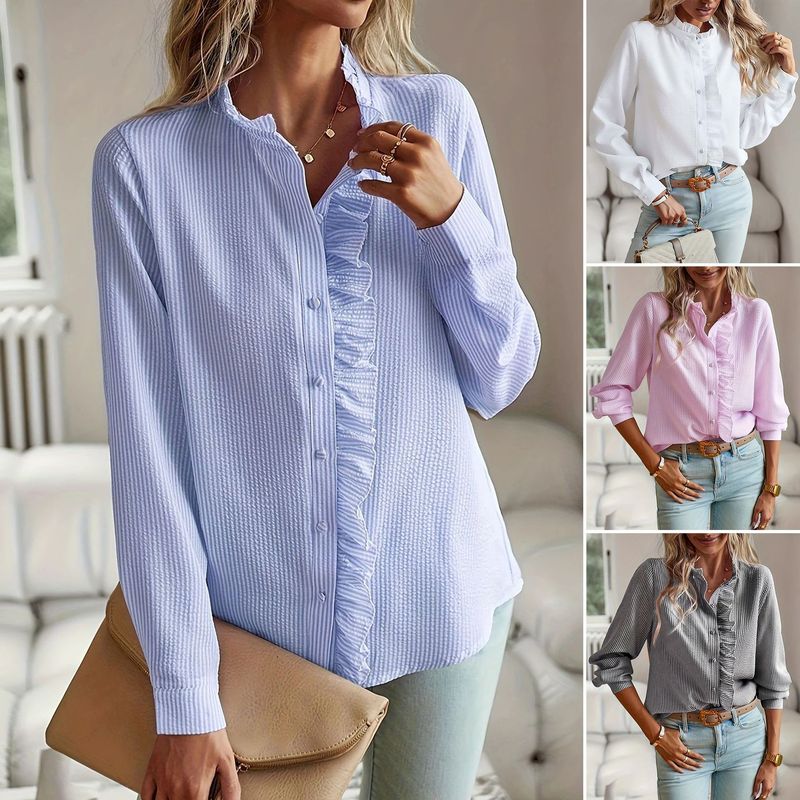 2025 New European and American Cross-Border Stand-Up Collar Autum Fungus Edge Cardigan Ruffled Long-Sleeved Bubble Top Women's Shirt 2025 New European and American Cross-Border Stand-Up Collar Autum Fungus Edge Cardigan Ruffled Long-Sleeved Bubble Top Women's Shirt