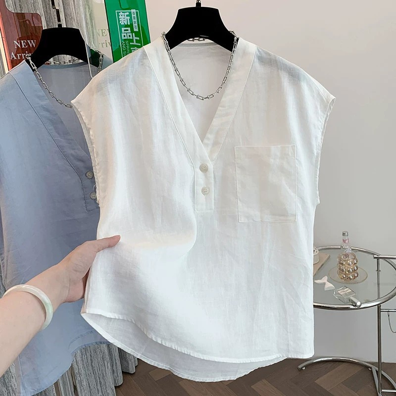 Vintage Old Money Style Cotton Linen Sleeveless Shirt for Women, Summer Simple and Elegant Loose Fit Flutter Sleeve V-Neck Linen Blouse Top