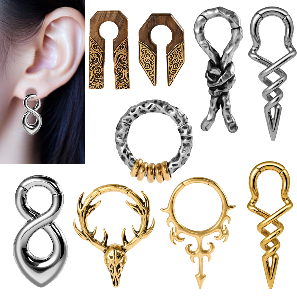 Cross-border stainless steel electroplated deer head clasp earrings, hammered figure-eight large earrings, magnetic U-shaped carved wood earrings