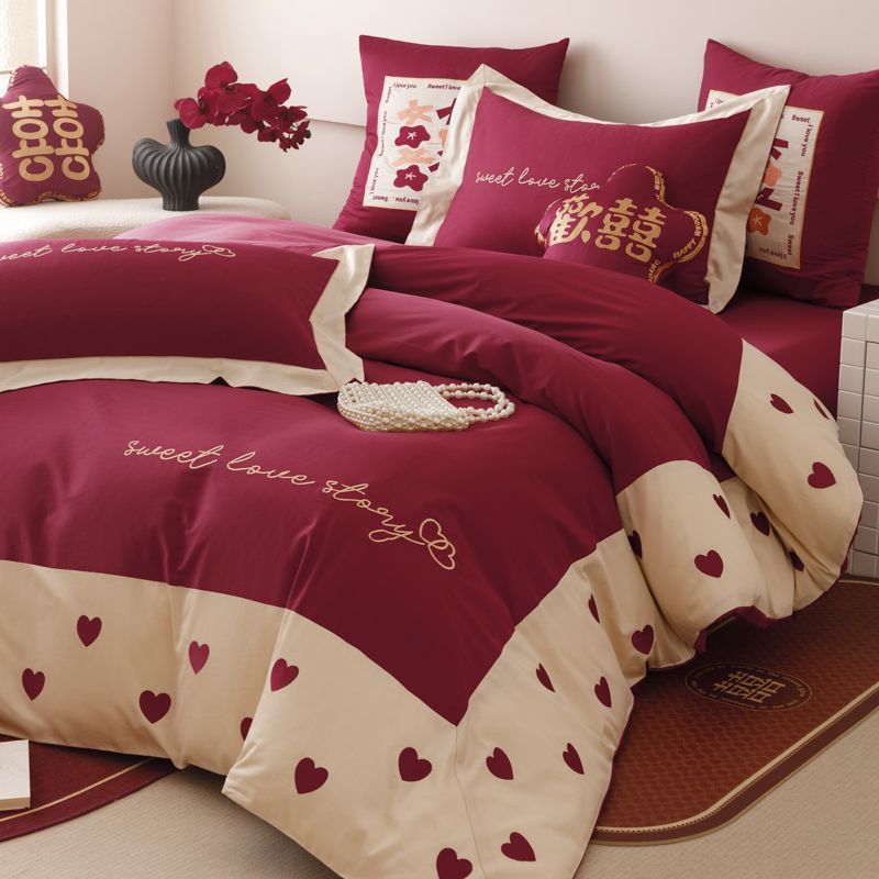 公主风全棉结婚床上用品四件套婚庆陪嫁八件套红色纯棉被子一整套