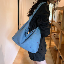 2023新款彩钻托特包时尚休闲单肩包百搭牛仔布腋下包大容量通勤包